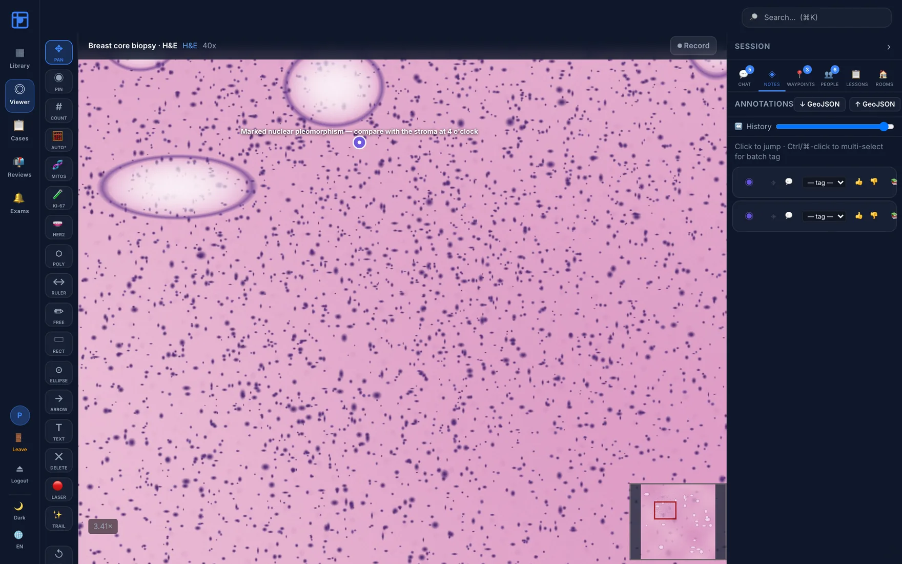 Annotations panel with visibility controls and GeoJSON import and export buttons.