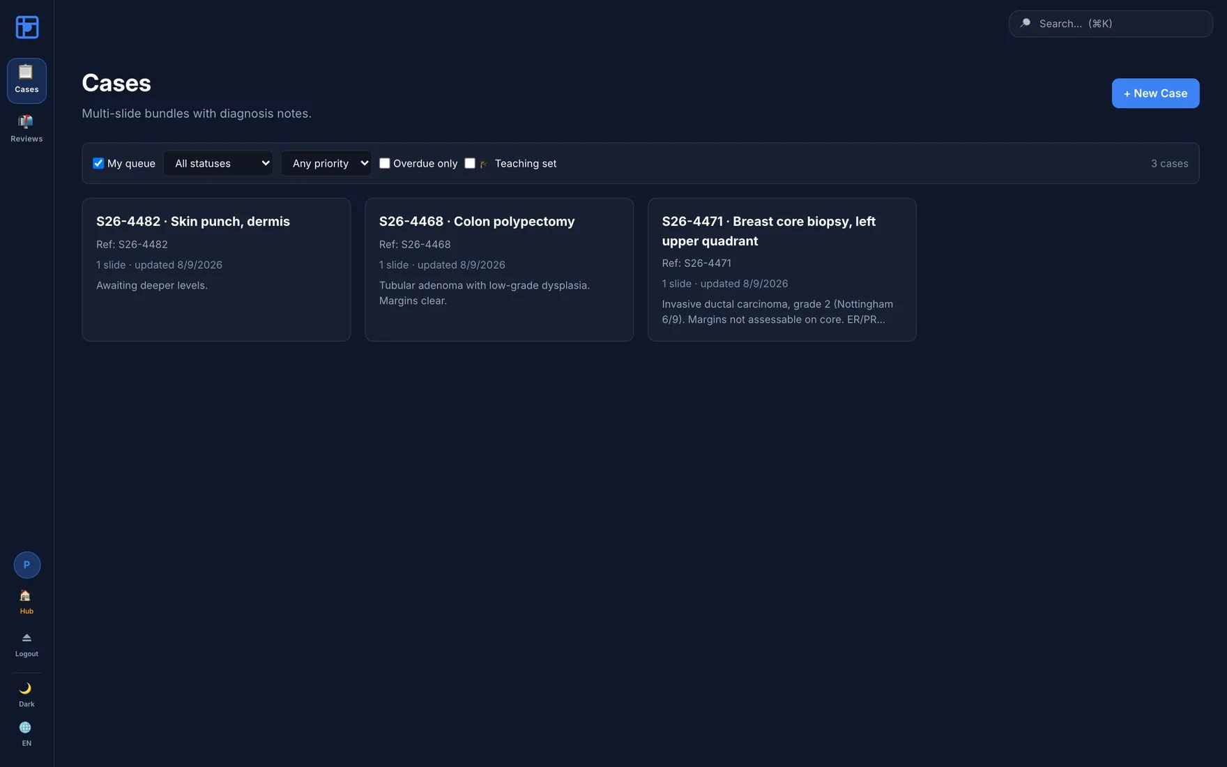 Cases worklist with three cases showing references, slide counts, statuses and diagnosis summaries.